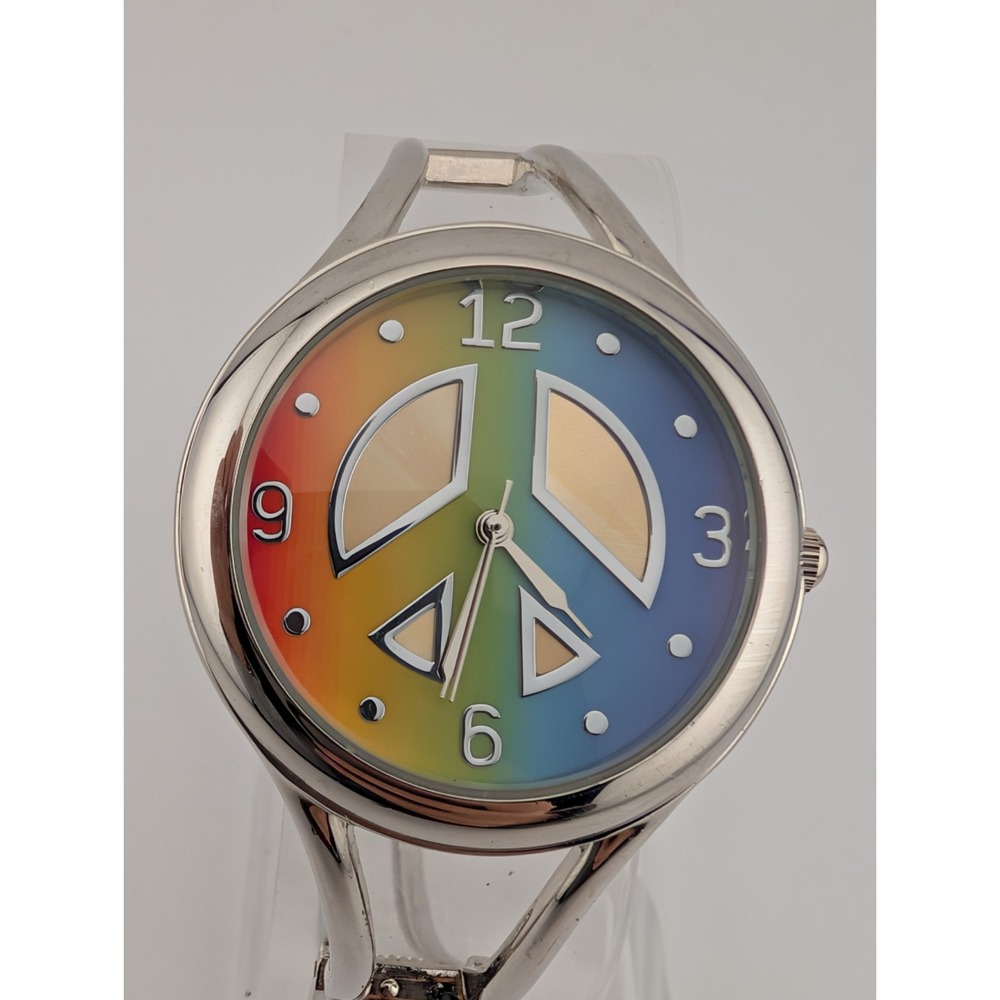 Women's Peace Sign‎ Colorful Dial Silver Tone Bangle Bracelet Watch- New Battery